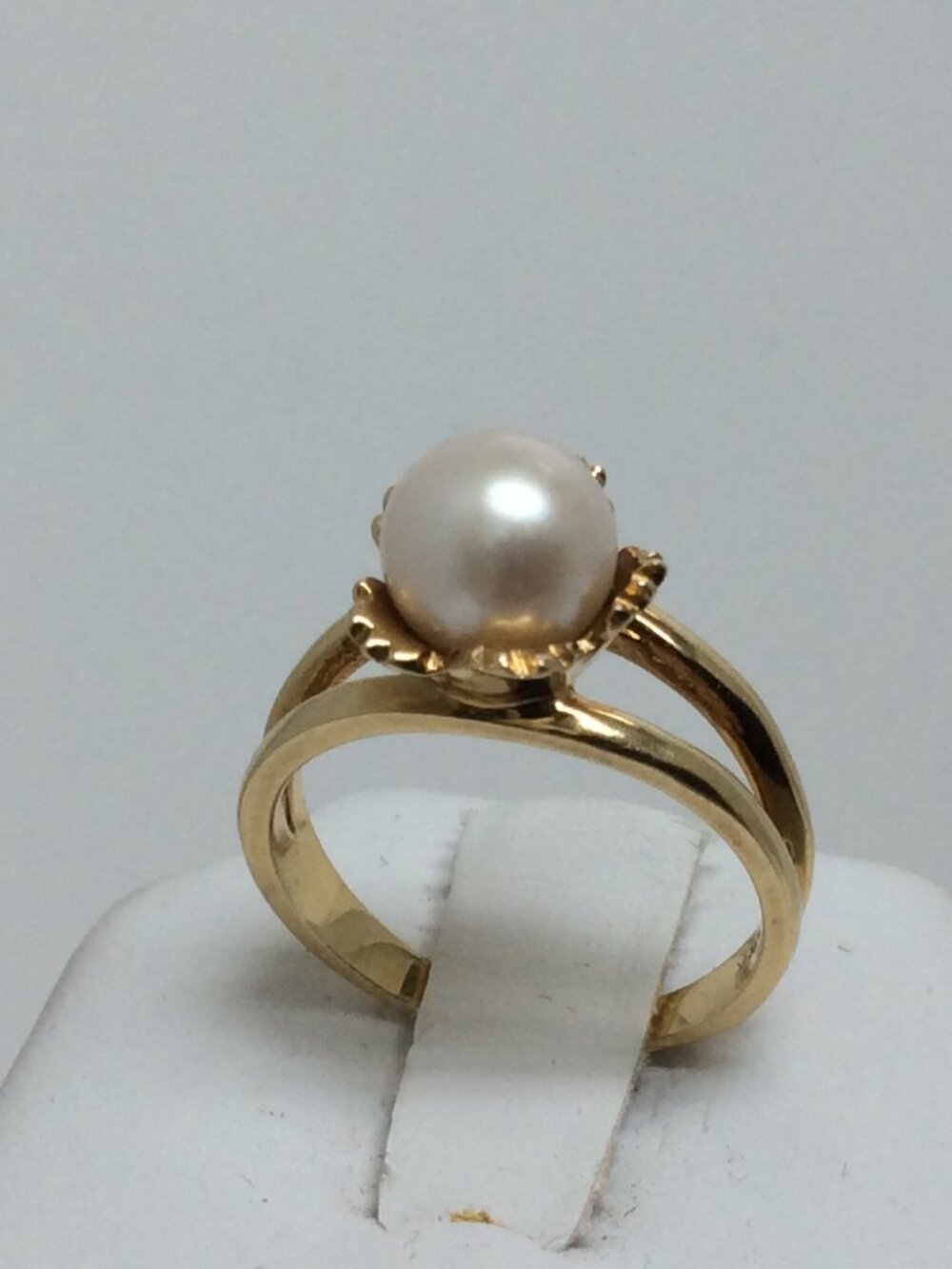 14K Yellow Real Solid Gold Pearl Lady Double shank Ring Band Size  7 1/4